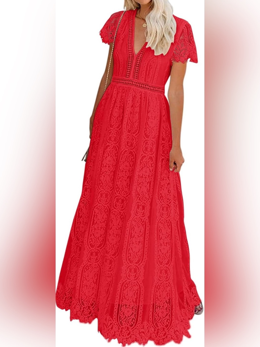 Pretty Garden Red Lace Maxi Dress with V-Neck